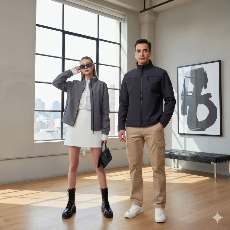 Sapien Clothes Ardent Softshell Jacket in Grey/Dark Grey/Navy Blue/Royal Blue. Functional, minimalist, water-repellent, wind-resistant outer layer with a clean, logo-free silhouette and warm fleece lining.